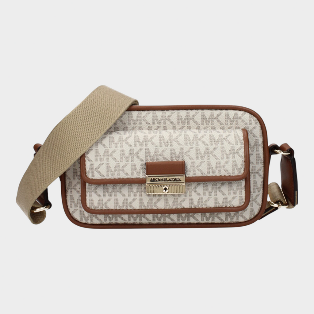Esmire & Co Michael Kors beige fabric crossbody bag with signature logo print, brown trim, and adjustable strap.
