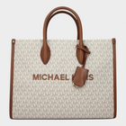 Esmire & Co Michael Kors beige Mirella tote bag with brown leather handles and signature logo print