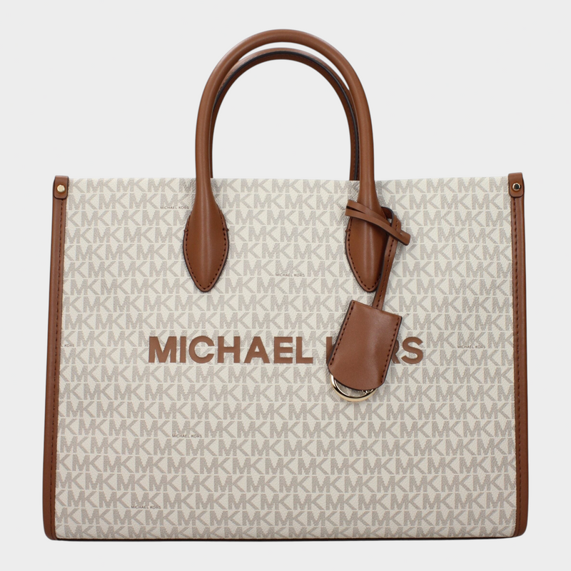 Esmire & Co Michael Kors beige Mirella tote bag with brown leather handles and signature logo print