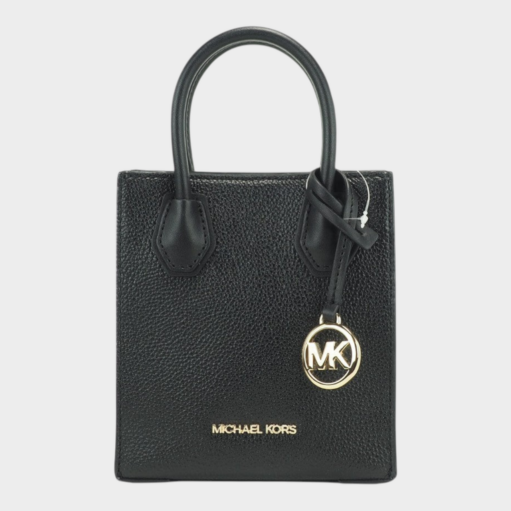 Esmire & Co Michael Kors Mercer XS black leather crossbody bag with gold MK charm and top handles