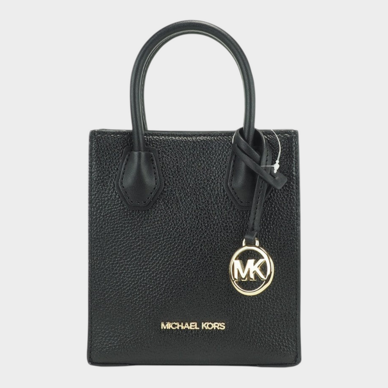Esmire & Co Michael Kors Mercer XS black leather crossbody bag with gold MK charm and top handles