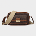 Esmire & Co Michael Kors brown logo fabric crossbody bag with an adjustable beige shoulder strap and gold hardware.