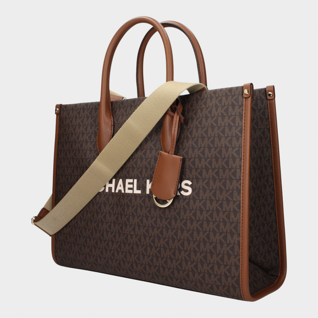 Esmire & Co Michael Kors brown logo print fabric tote handbag with tan leather handles and adjustable shoulder strap
