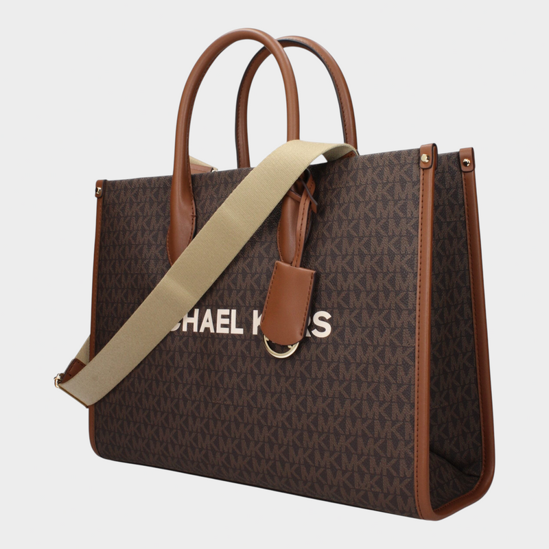 Esmire & Co Michael Kors brown logo print fabric tote handbag with tan leather handles and adjustable shoulder strap