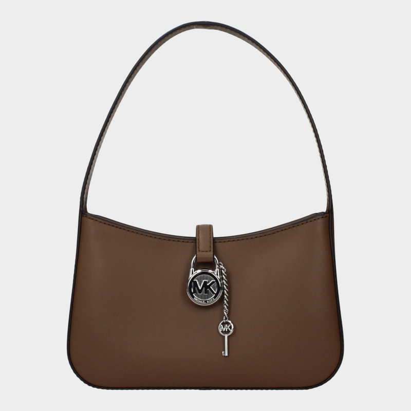 Esmire & Co Michael Kors Driftwood brown smooth leather handbag with a silver logo padlock and key charm detail.