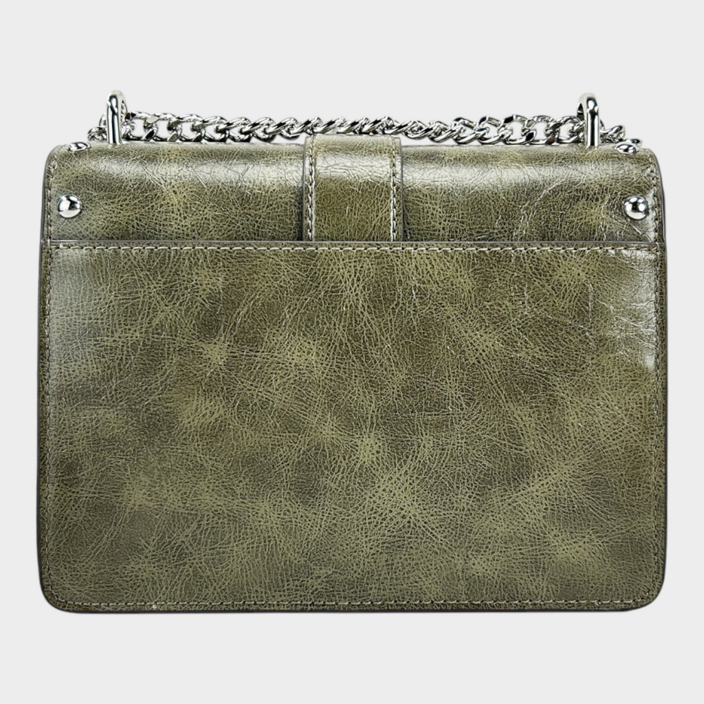Esmire & Co Michael Kors Greenwich olive green leather crossbody bag with silver chain strap and flap closure
