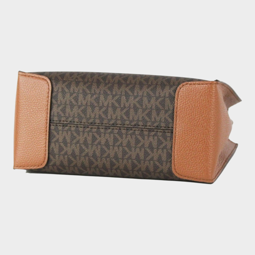 Esmire & Co Michael Kors Mercer brown logo leather crossbody bag base view showing textured leather panels.