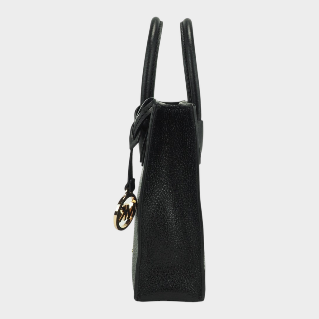 Esmire & Co Michael Kors Mercer XS black leather crossbody bag, side view with gold MK charm and top handles.