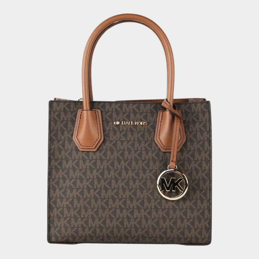 Esmire & Co Michael Kors Mercer medium brown logo and leather accordion crossbody bag with gold-tone hardware.