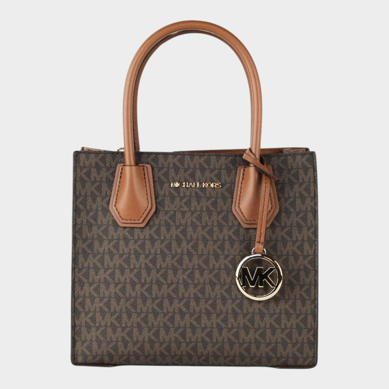 Esmire & Co Michael Kors Mercer medium brown logo and leather accordion crossbody bag with gold-tone hardware.
