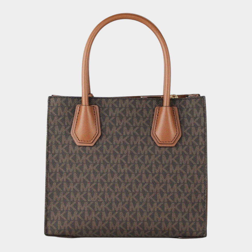 Esmire & Co Michael Kors Mercer medium brown logo and leather accordion crossbody bag with gold-tone hardware.