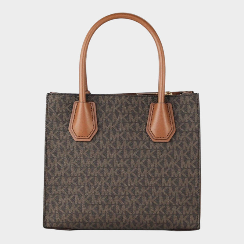 Esmire & Co Michael Kors Mercer medium brown logo and leather accordion crossbody bag with gold-tone hardware.