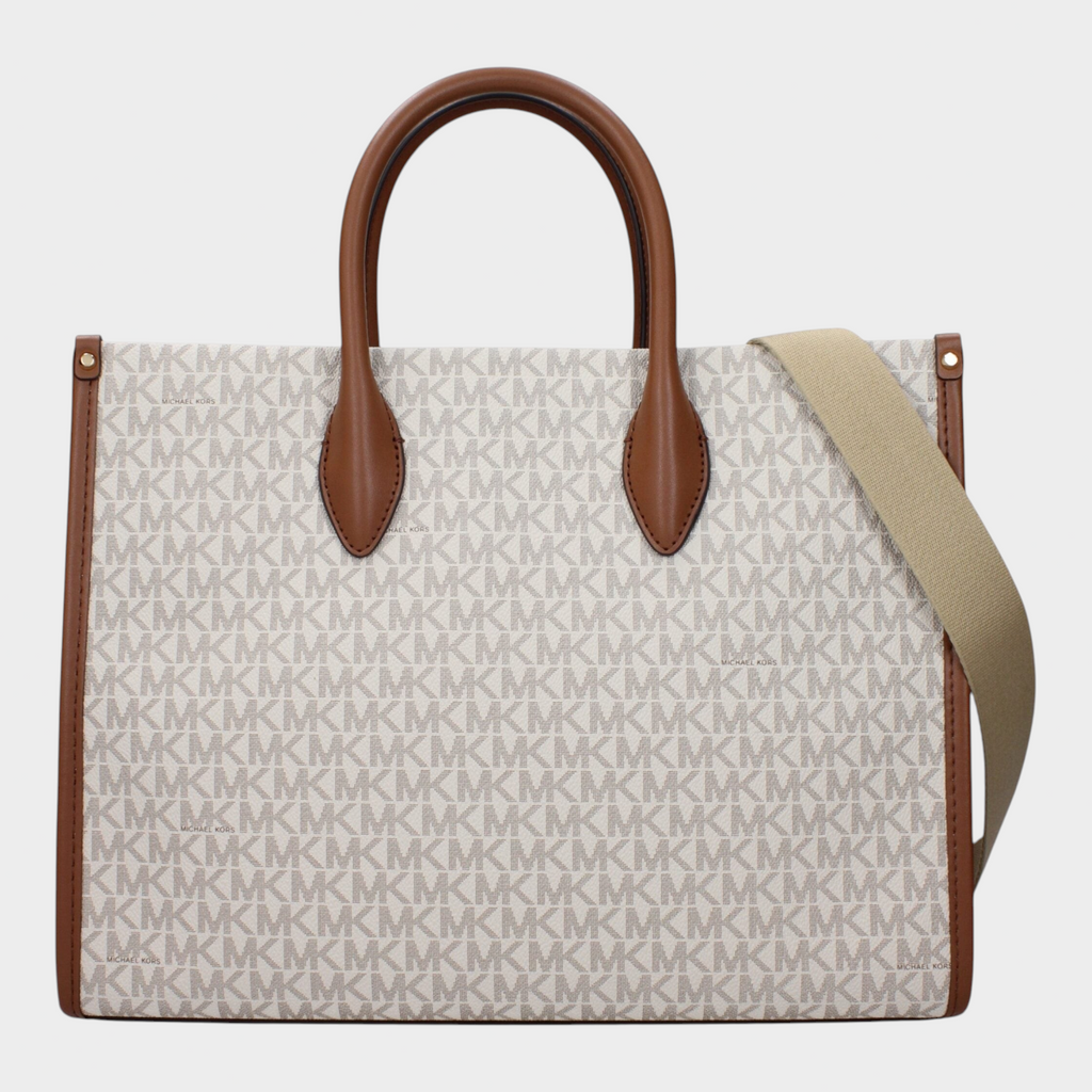 Esmire & Co Michael Kors beige Mirella tote bag with signature logo print, brown leather handles, and shoulder strap.