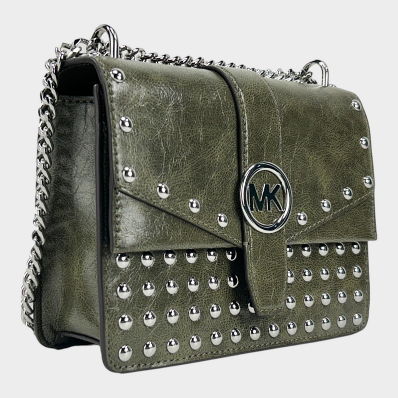 Esmire & Co Michael Kors Greenwich olive green leather crossbody bag with silver studs and chain strap