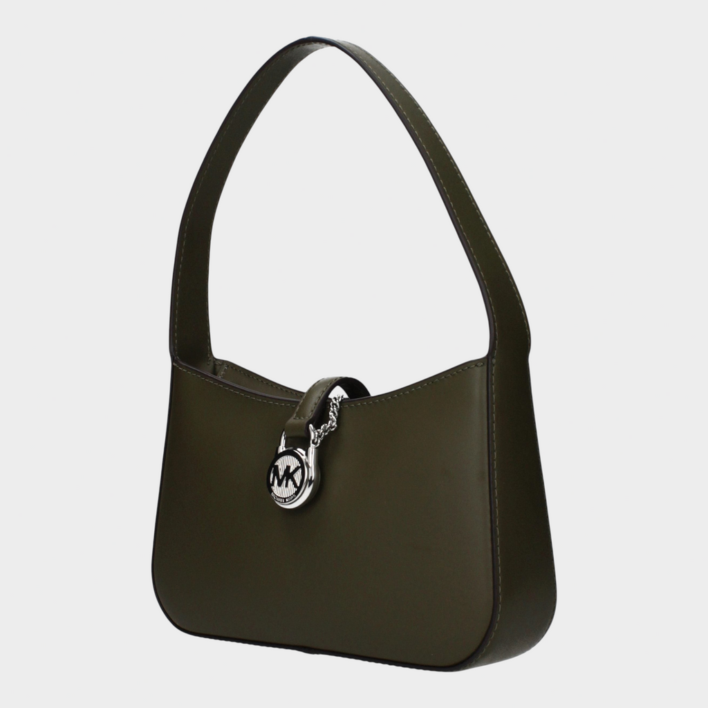 Esmire & Co Michael Kors olive green leather handbag with a structured silhouette and silver logo charm