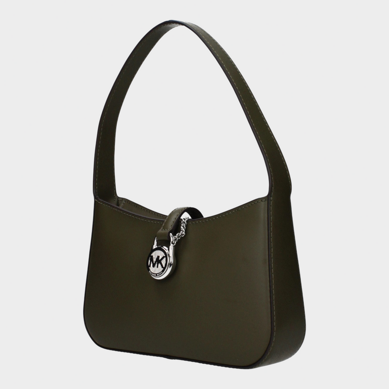 Esmire & Co Michael Kors olive green leather handbag with a structured silhouette and silver logo charm