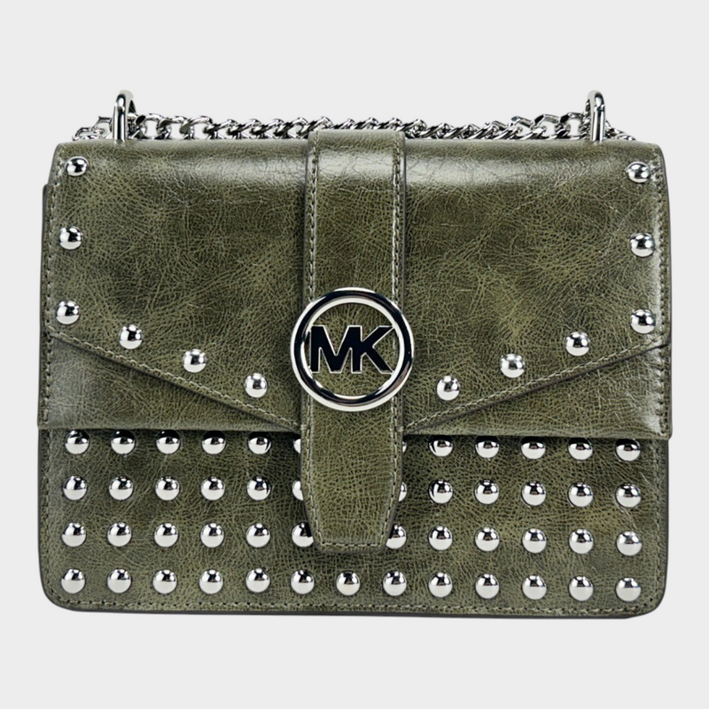 Esmire & Co Michael Kors Greenwich olive green leather crossbody bag with silver studs and chain strap