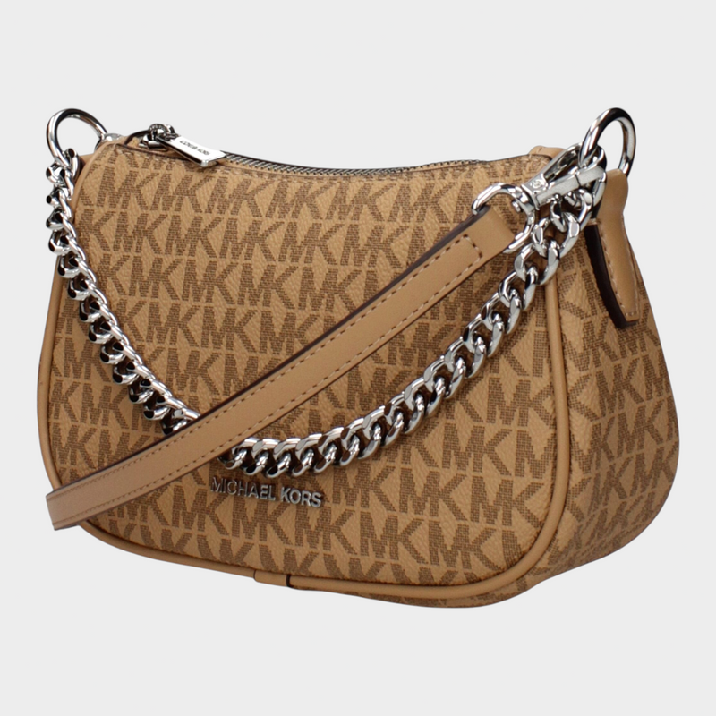 Esmire & Co Michael Kors peanut brown logo fabric convertible shoulder bag with silver chain and leather strap