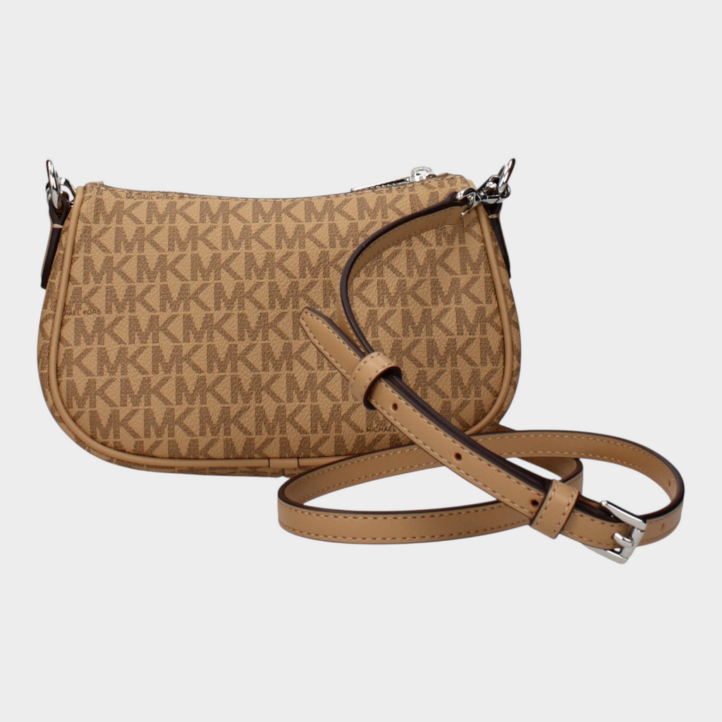 Esmire & Co Michael Kors peanut brown logo print fabric convertible shoulder bag with adjustable strap
