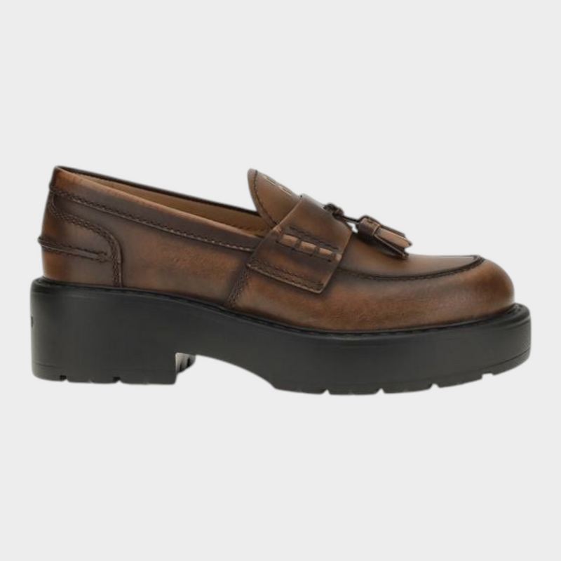 Esmire & Co Miu Miu brown calf leather platform loafers with tassel detail, rounded toe, and chunky lug sole.