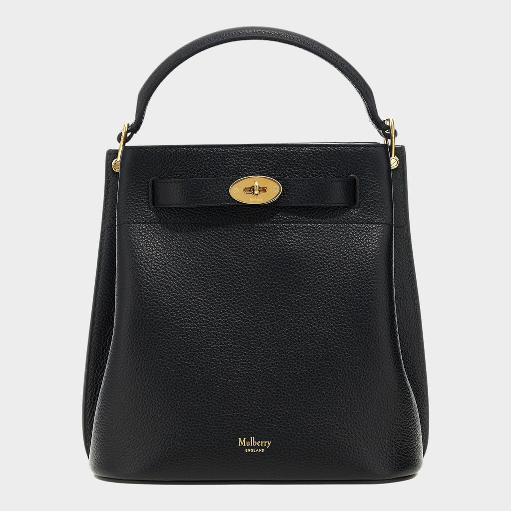 Esmire & Co Mulberry black hammered calfskin leather bucket bag with gold Postman’s Lock and fixed top handle