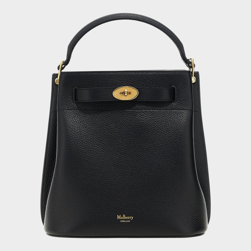 Esmire & Co Mulberry black hammered calfskin leather bucket bag with gold Postman’s Lock and fixed top handle