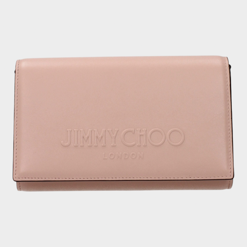 Esmire & Co Jimmy Choo pink leather clutch bag with front embossed logo and button closure