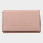 Esmire & Co Jimmy Choo pink leather clutch bag with front embossed logo and button closure