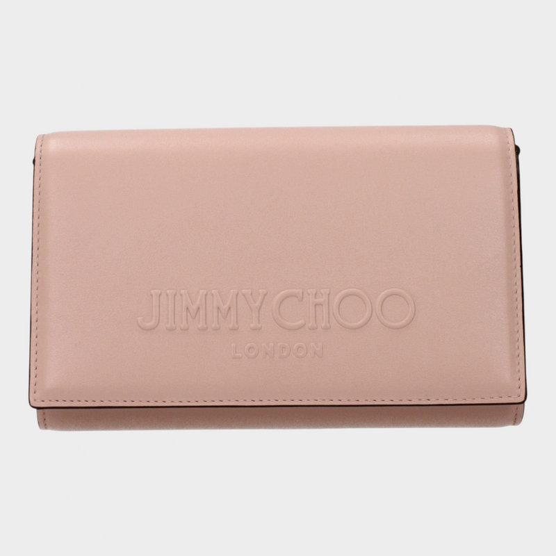 Esmire & Co Jimmy Choo pink leather clutch bag with front embossed logo and button closure