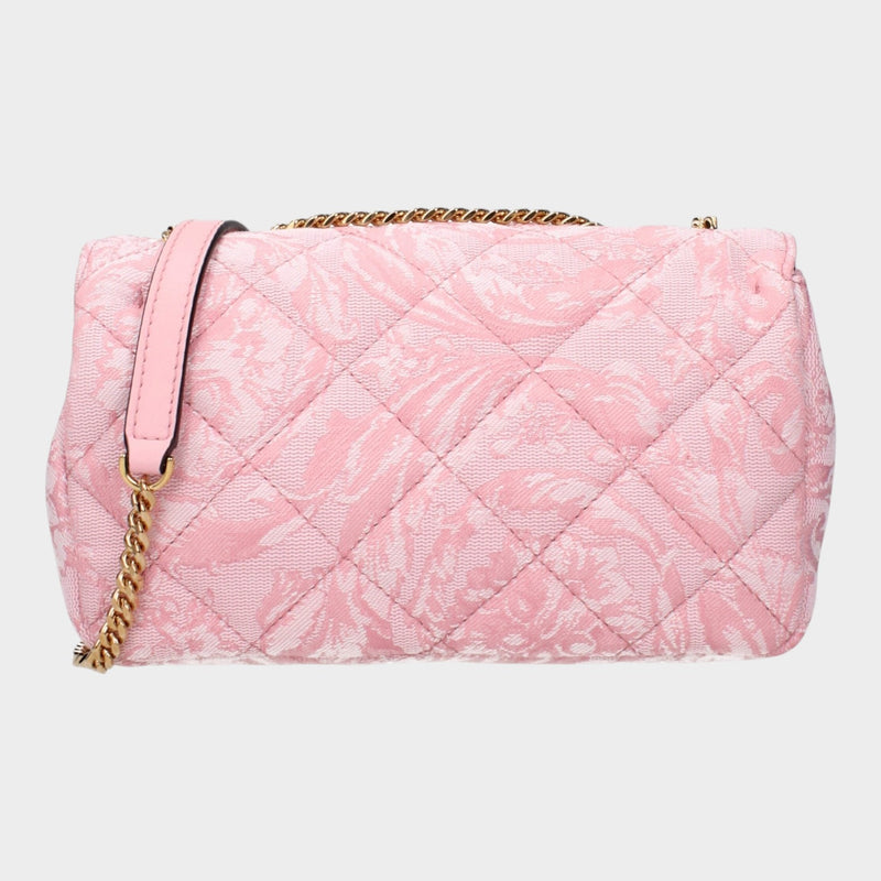 Esmire & Co Versace pink quilted fabric shoulder bag with gold chain strap and intricate front pattern detail