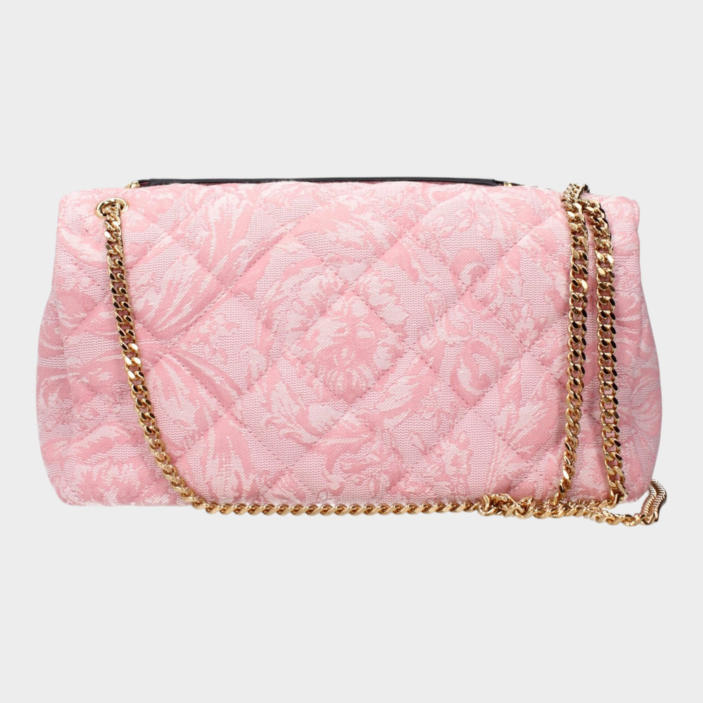 Esmire & Co pink quilted fabric shoulder bag by Versace with gold chain strap and intricate floral pattern
