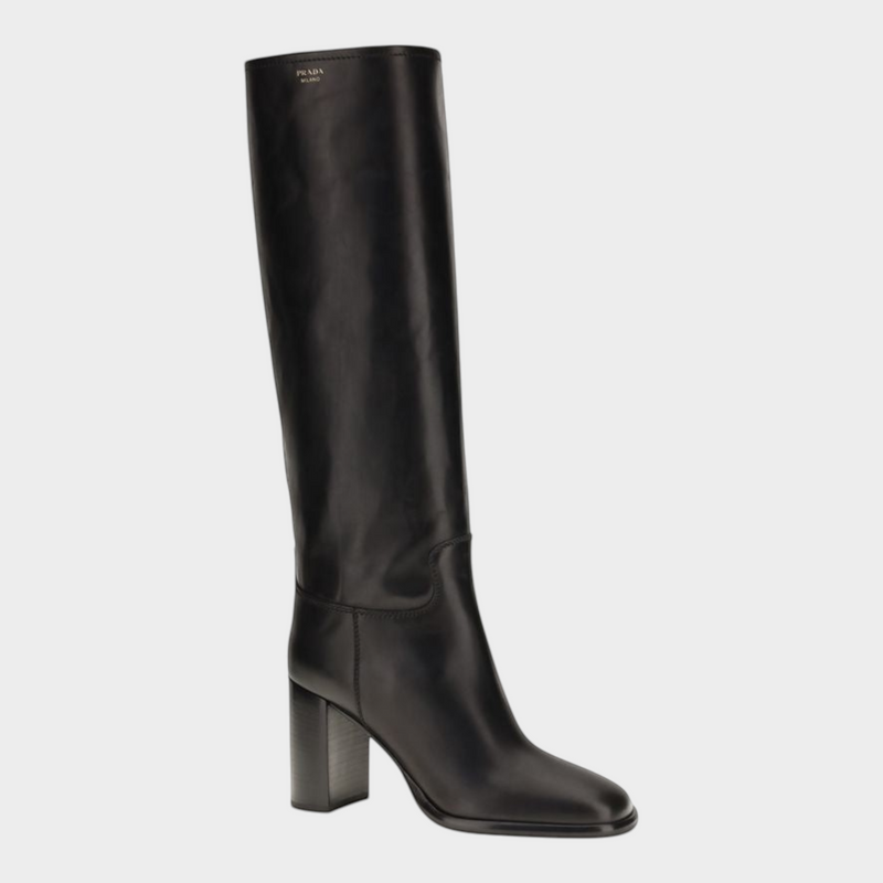 Esmire & Co Prada black calf leather high heel boots with round toe, 85mm block heel, and screen-printed logo.