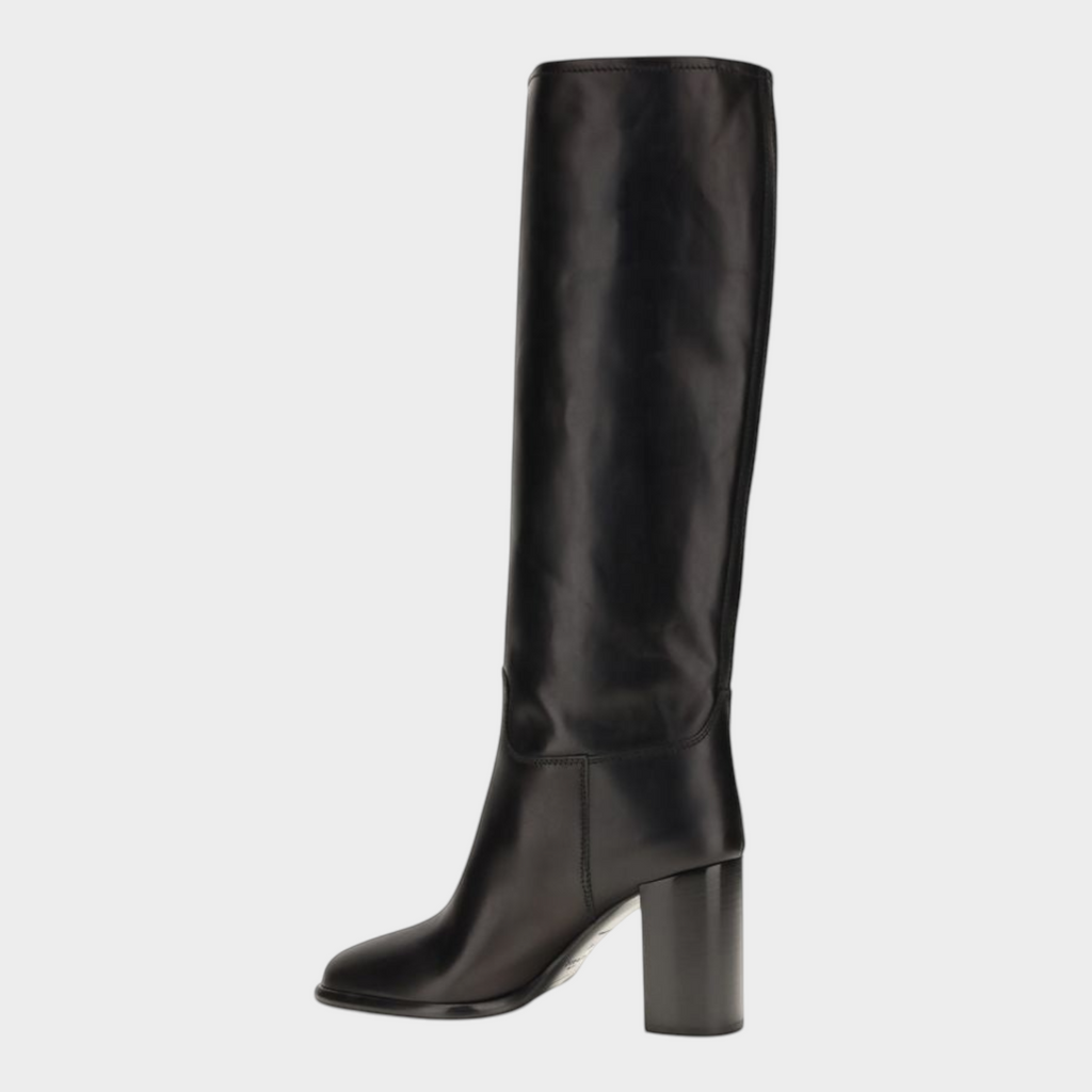 Esmire & Co Prada black calf leather high-heeled boots with a round toe and block heel in a sleek knee-high design.