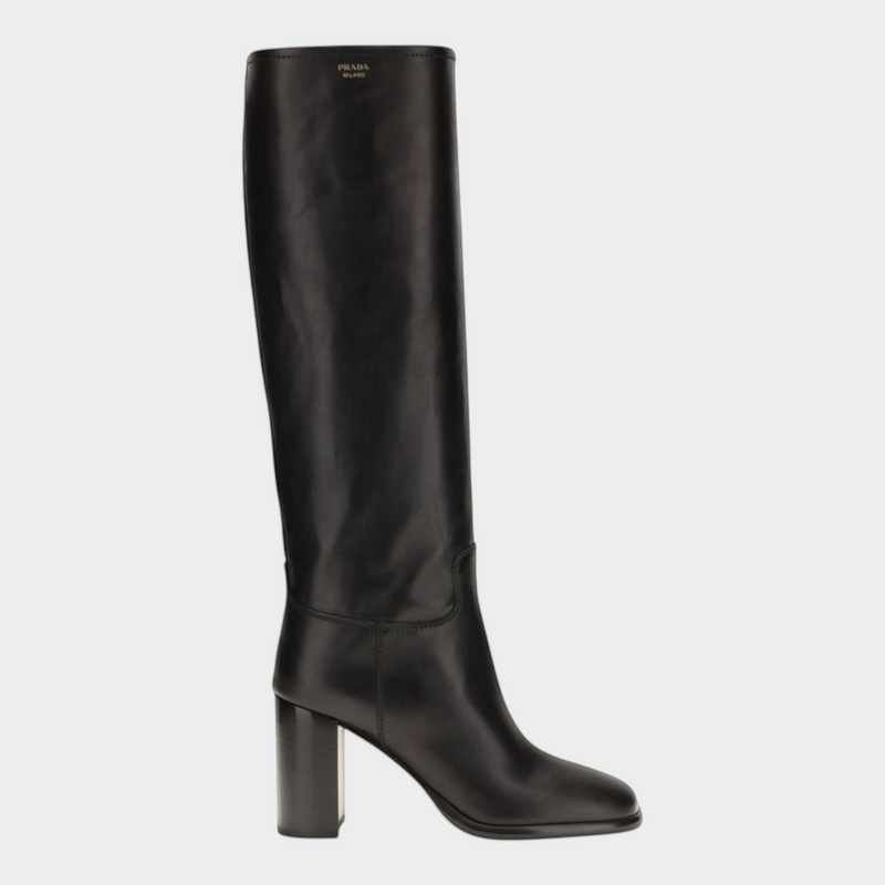 Esmire & Co Prada black calf leather high heel boots with round toe and screen-printed logo on the shaft