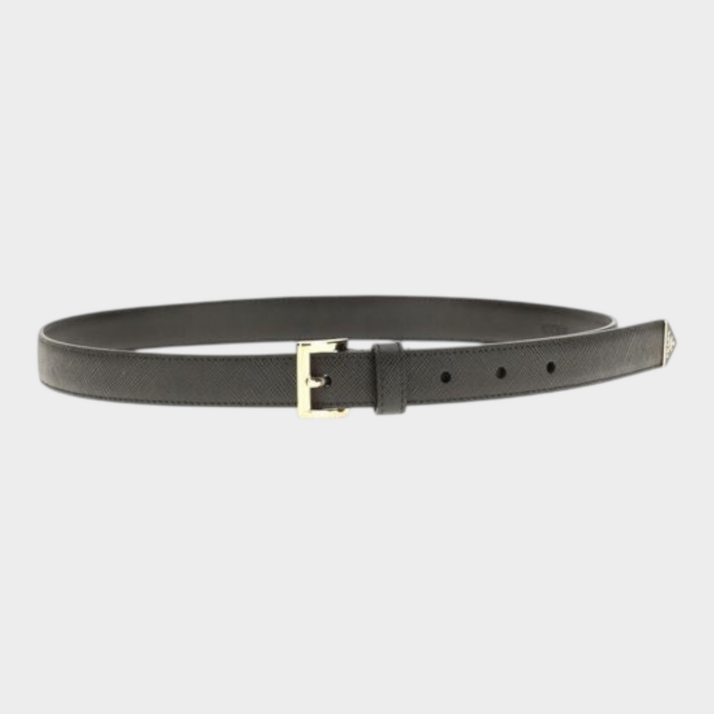 Esmire & Co Prada black Saffiano calf leather belt with a gold-tone buckle and signature enamel triangle logo.