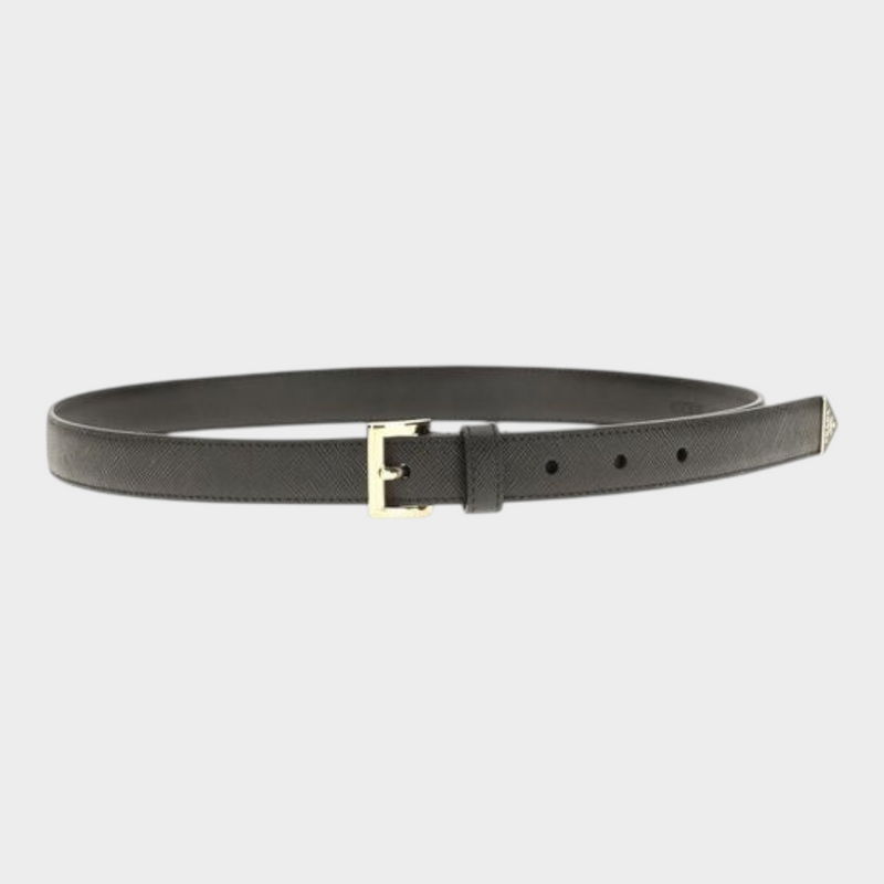 Esmire & Co Prada black Saffiano calf leather belt with a gold-tone buckle and signature enamel triangle logo.