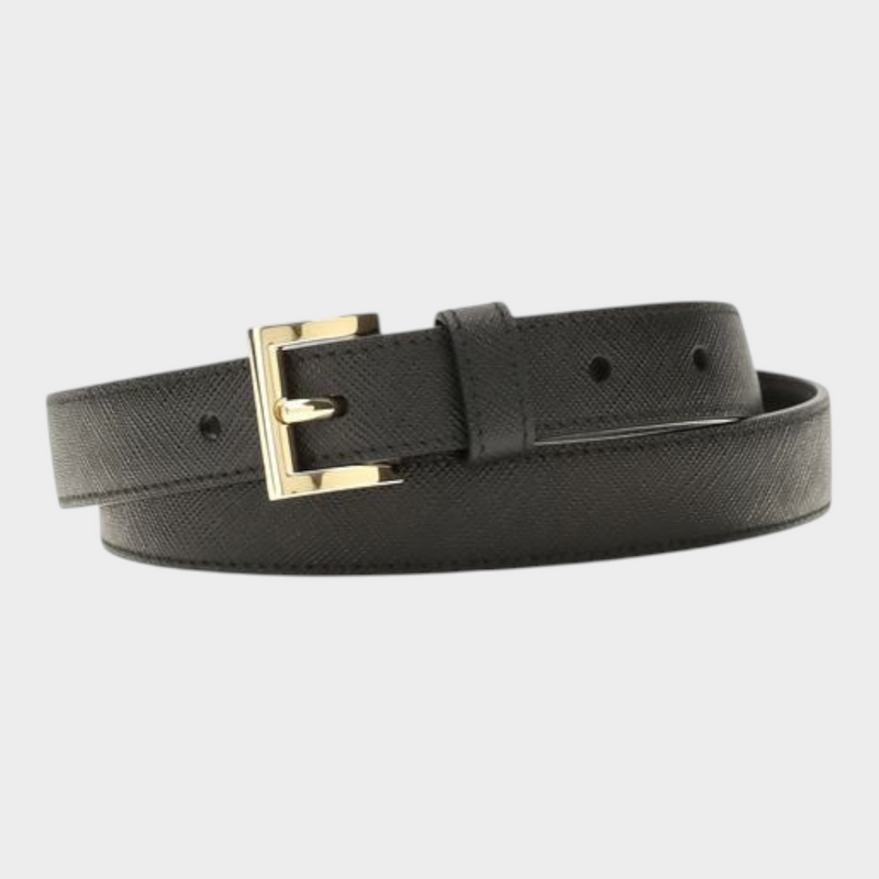 Esmire & Co Prada black Saffiano calf leather belt with a gold-tone buckle and textured finish.