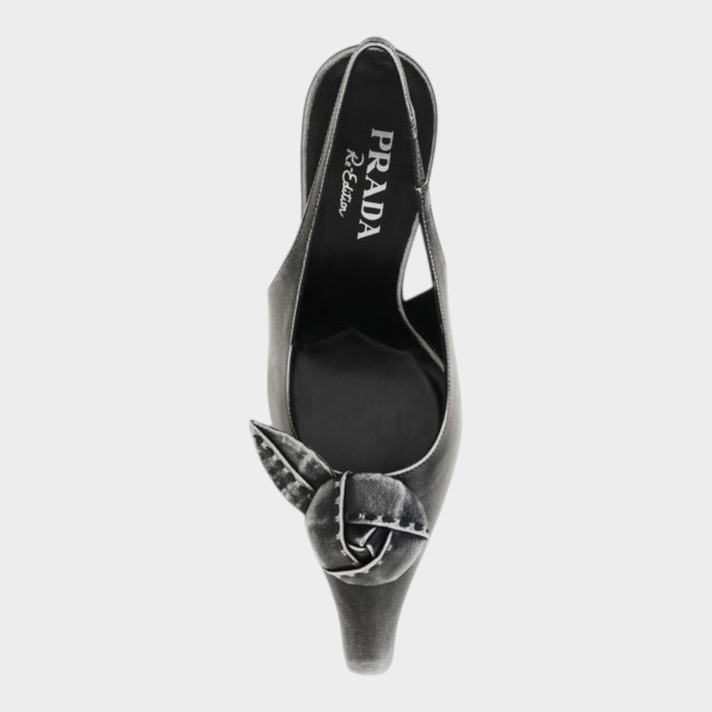 Esmire & Co Prada gray goatskin slingback pumps with pointed toe and floral appliqué detail