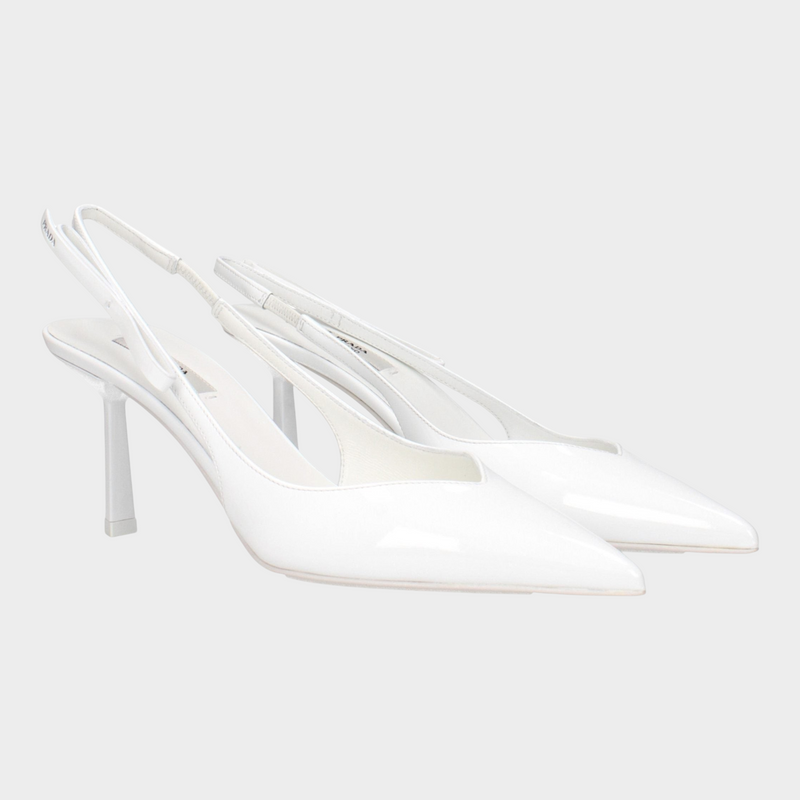 Esmire & Co white patent leather Prada slingback pumps with a pointed toe and side logo detail