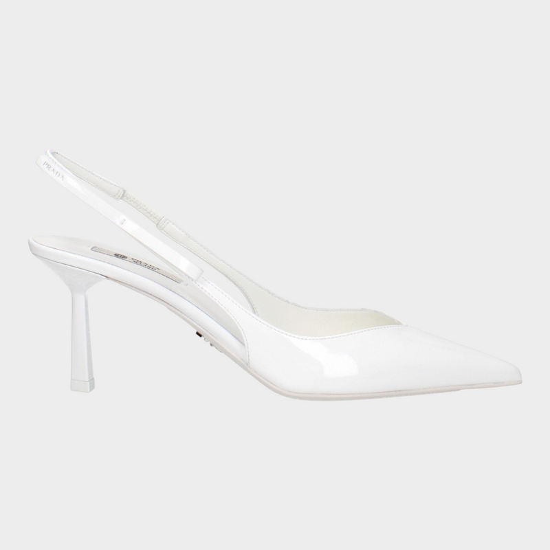 Esmire & Co Prada white patent leather slingback pumps with a pointed toe and side logo detail