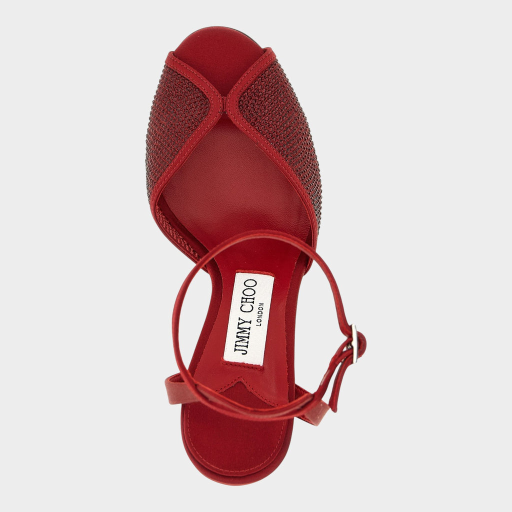 Esmire & Co red lamb leather Jimmy Choo Sacora stiletto sandals with micro crystal embellishments and ankle strap