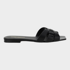 Esmire & Co Saint Laurent black calf leather flat sandals with woven front detail and square toe