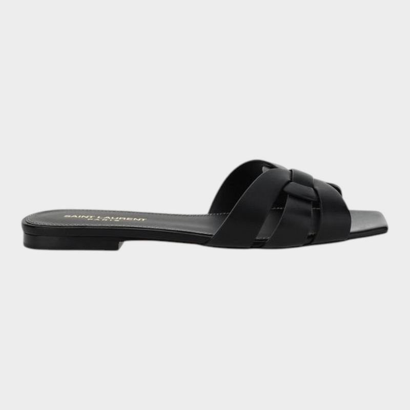 Esmire & Co Saint Laurent black calf leather flat sandals with woven front detail and square toe