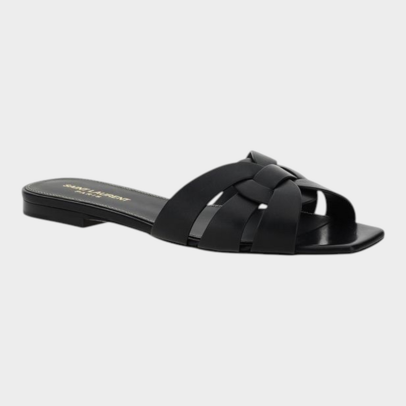 Esmire & Co Saint Laurent black calf leather flat sandals with woven front detail and square toe design.