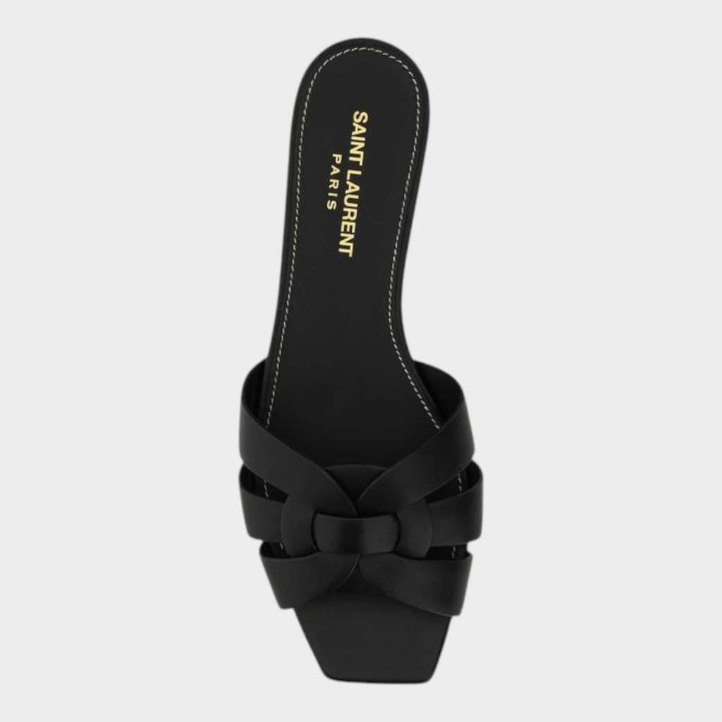 Esmire & Co Saint Laurent black calf leather flat sandals with a woven front strap and square toe design.