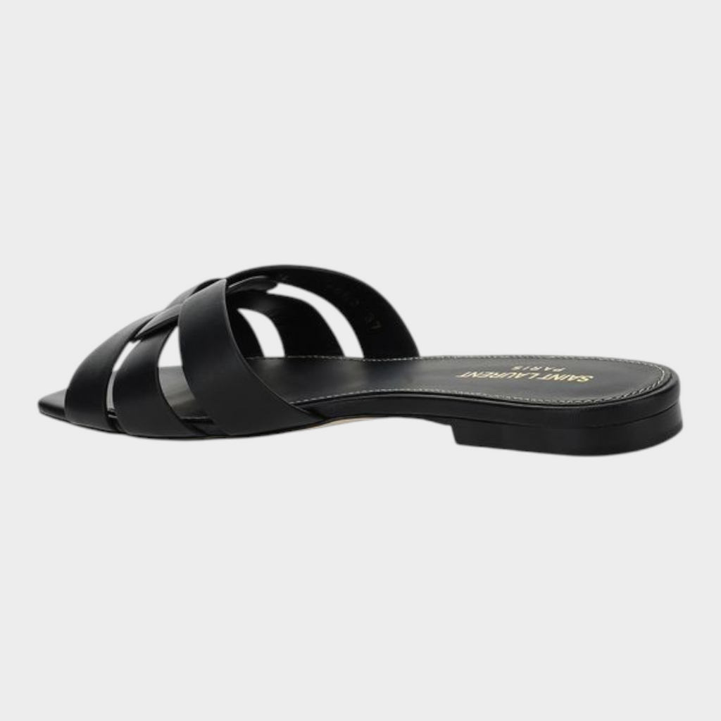 Esmire & Co Saint Laurent black calf leather flat sandals with woven straps and square toe profile