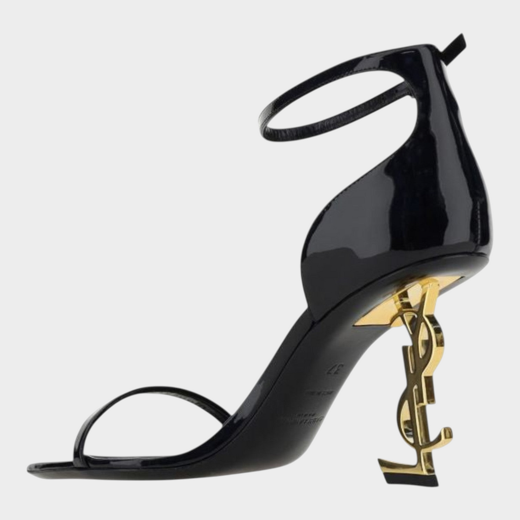 Esmire & Co Saint Laurent black patent leather Opyum sandals with iconic gold-plated YSL logo stiletto heel