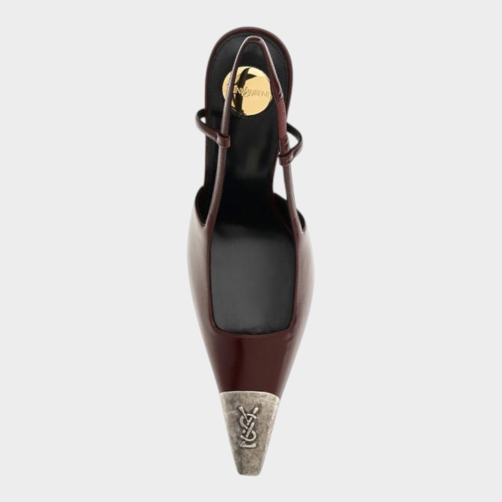 Esmire & Co Saint Laurent bordeaux calf leather slingback pumps with a metal toe cap and Cassandre logo detail.
