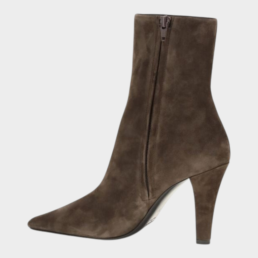 Esmire & Co Saint Laurent Jill brown suede ankle boots with a square toe, side zip, and tapered heel.