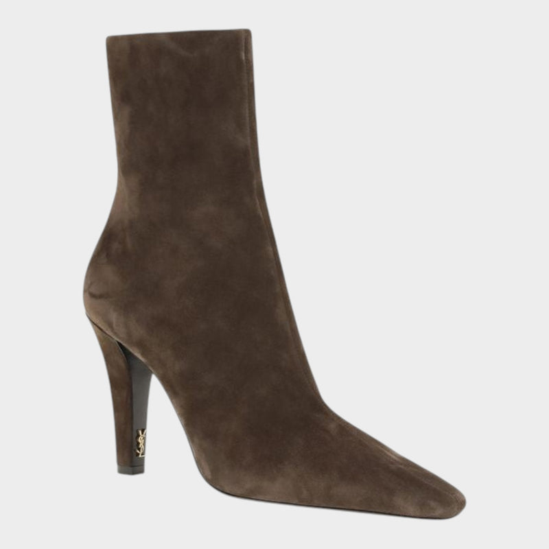 Esmire & Co Saint Laurent Jill brown suede ankle boots with a square toe and tapered heel featuring a bronze logo
